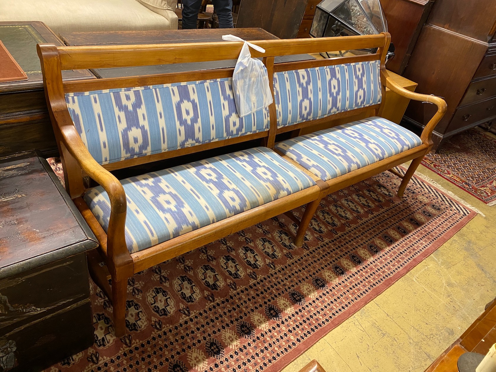 An upholstered mid century bench seat, length 198cm, depth 42cm, height 89cm